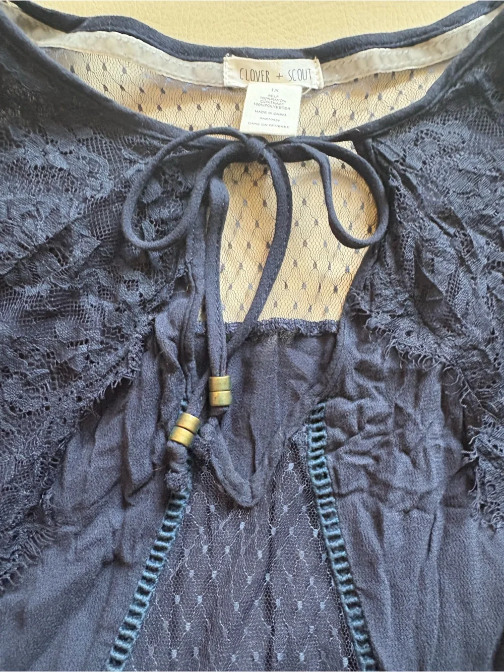Lace-Trim Navy Tie-Front Dress with bell sleeves